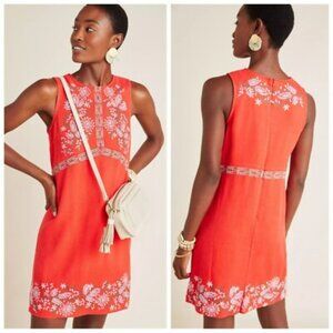 Red Anthropologie Aiko Embroidered Floral Shift Dress Petite Sz 4
